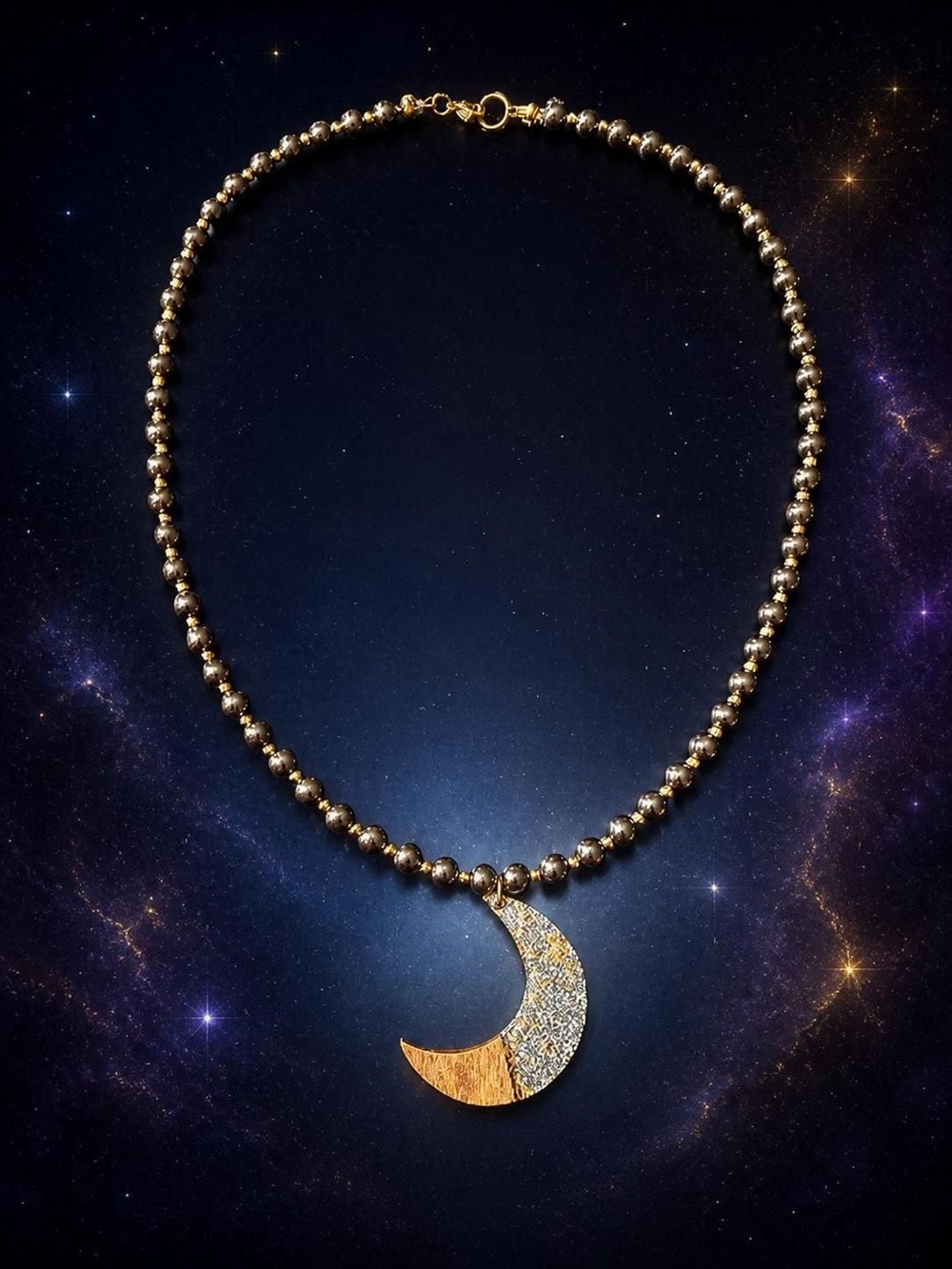Hematite w Gold Bead Accents Necklace with Mahogany/Resin Crescent Moon Pendant